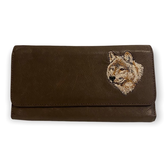 Handbags - Brown Faux Leather Wallet with Embroidered Wolf On Front
